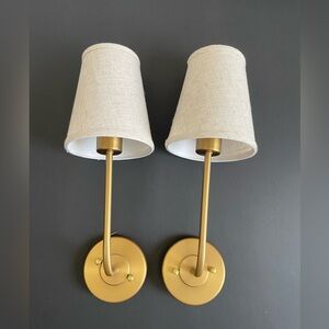 Set of 2 Vintage Wall Sconces Linen Fabric Shade, Lights Brass Finish - Wired